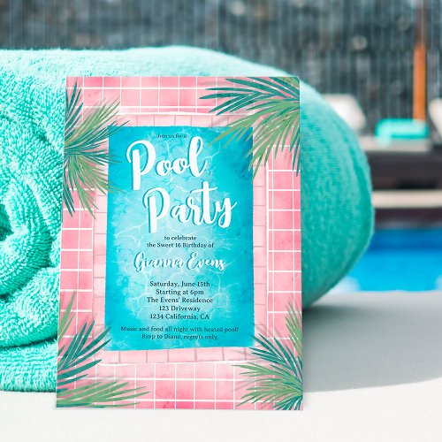Modern pink Tropical palm blue pool party Sweet 16 Invitation