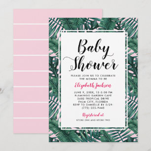 Modern Pink Tropical Palm Leaves Baby Girl Shower Invitation