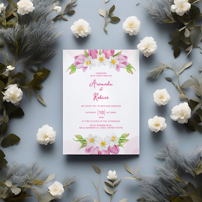 Modern Pink Tulip and Narcissus Floral Wedding Invitation (Creator Uploaded)