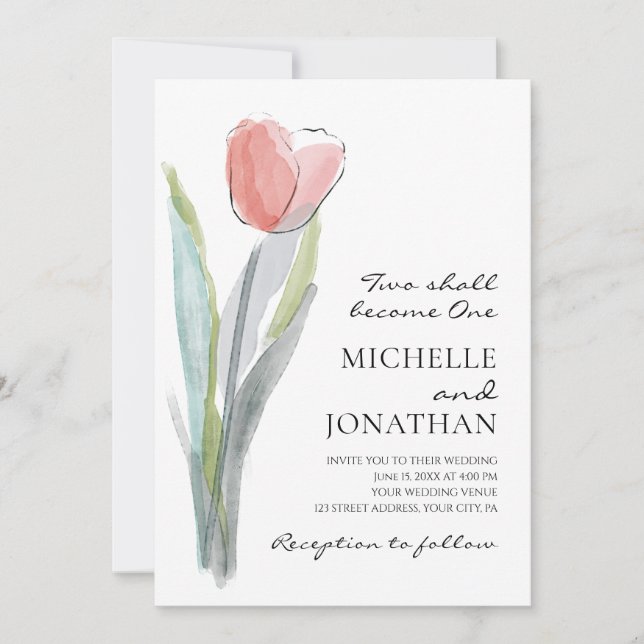 Modern Pink Tulip Bible Verse Christian Wedding Invitation (Front)