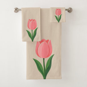 Modern Pink Tulip Flower on Light Beige Bath Towel Set