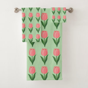 Modern Pink Tulip Flower Pattern on Light Green Bath Towel Set