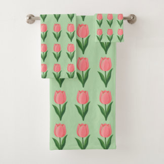 Modern Pink Tulip Flower Pattern on Light Green Bath Towel Set