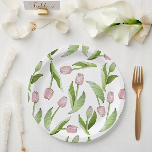 Modern Pink Tulip Pattern Paper Plates
