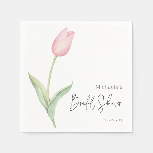Modern Pink Tulip Solo Bridal Shower Cocktail Napkins (Front)