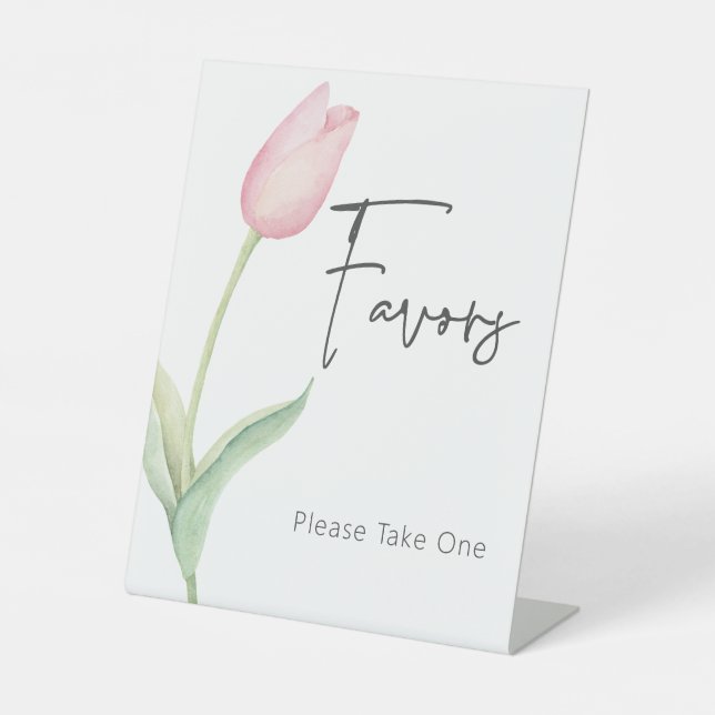 Modern Pink Tulip Solo Bridal Shower Favors Pedestal Sign (Front)