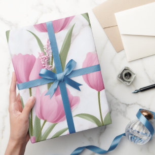 Modern Pink Tulip White Floral Pattern Wrapping Paper
