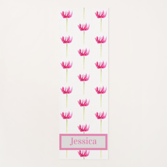 Modern pink tulips floral name pattern botanical  yoga mat (Front)