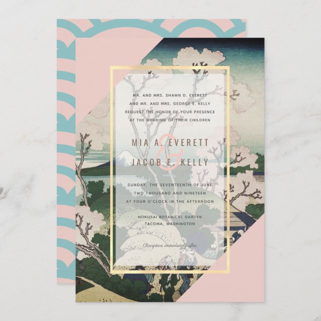 Modern Pink & Turquoise Ukiyo-e Wedding Invitation (Front/Back)