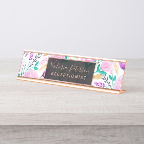 Modern pink turquoise watercolor floral pattern desk name plate