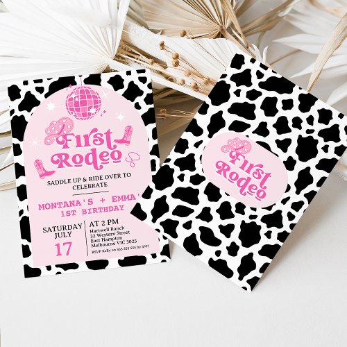 Modern Pink Twins Cowgirl First Rodeo 1st Birthday Invitation