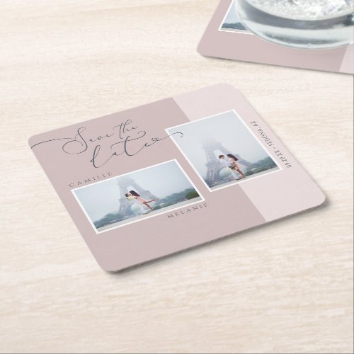 Modern Pink Two Tone 2 Photo Save The Date Square Paper Coaster