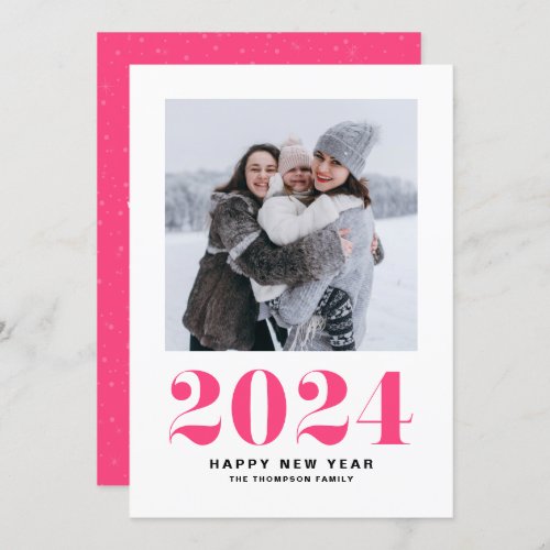 Modern Pink Typography 2024 Happy New Year Photo Holiday Card