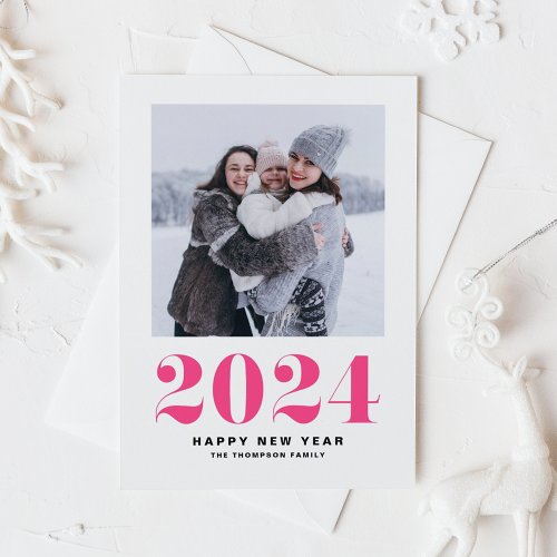 Modern Pink Typography 2024 Happy New Year Photo Holiday Postcard
