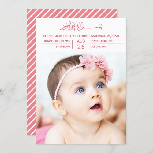 Modern Pink Typography Baby Girl Photo Aqiqah Invitation