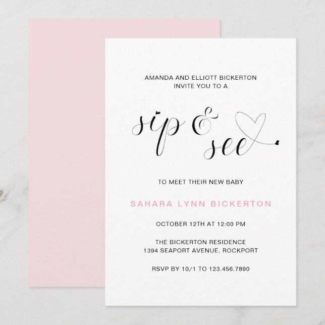 Modern Pink Typography Girl Sip and See Invitation (Front/Back)