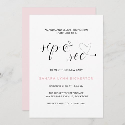 Modern Pink Typography Girl Sip and See Invitation