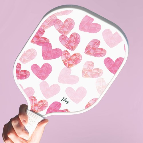 Modern Pink Valentine Love Hearts Monogrammed Pickleball Paddle
