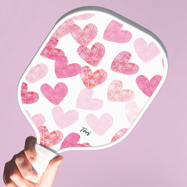 Modern Pink Valentine Love Hearts Monogrammed Pickleball Paddle (Love to play Pickleball. Monogrammed with name. Cool and unique. )