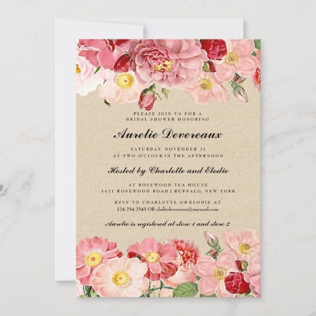 Modern Pink Vintage Roses Kraft Bridal Shower Invitation (Front)