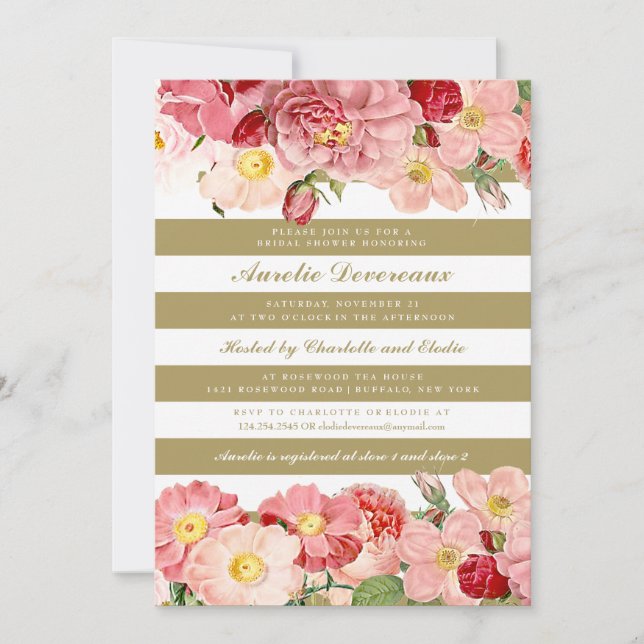 Modern Pink Vintage Roses Stripes Bridal Shower Invitation (Front)