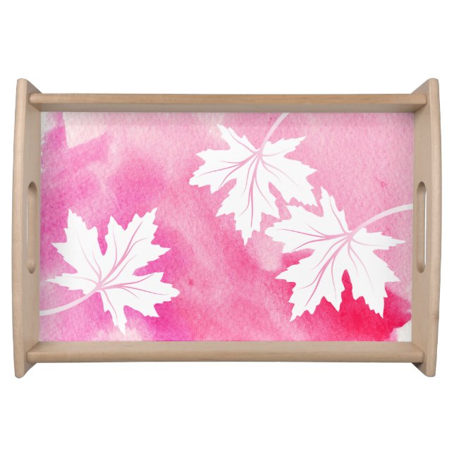 Modern pink watercolor and white maple leaves serving tray (Front)
