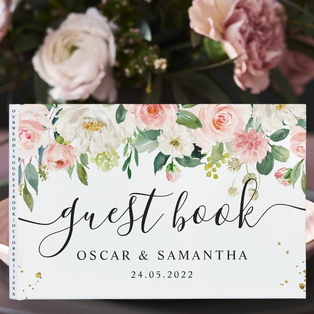 Modern Pink Watercolor Beauty Flowers & Gold Drops Guest Book (Creator Uploaded)