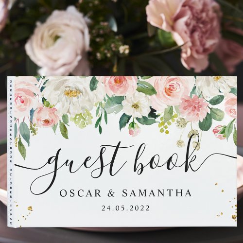 Modern Pink Watercolor Beauty Flowers  Gold Drops Guest Book