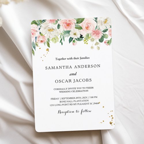 Modern Pink Watercolor Beauty Flowers  Gold Drops Invitation