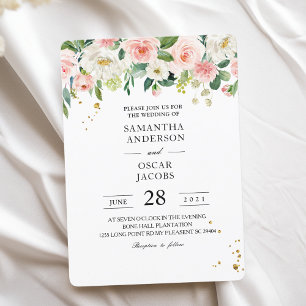 Modern Pink Watercolor Beauty Flowers & Gold Drops Invitation