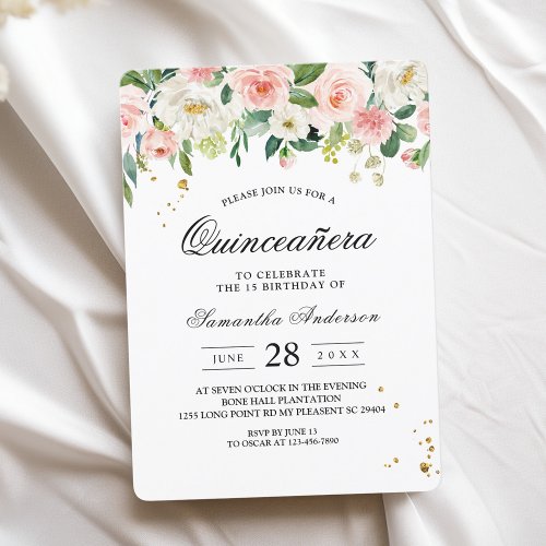 Modern Pink Watercolor Beauty Flowers  Gold Drops Invitation