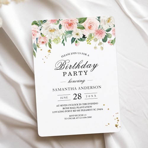 Modern Pink Watercolor Beauty Flowers  Gold Drops Invitation