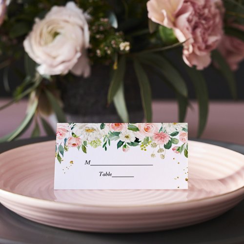 Modern Pink Watercolor Beauty Flowers  Gold Drops Place Card