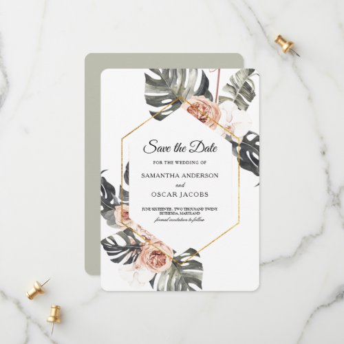 Modern Pink Watercolor Beauty Flowers  Gold Drops Save The Date