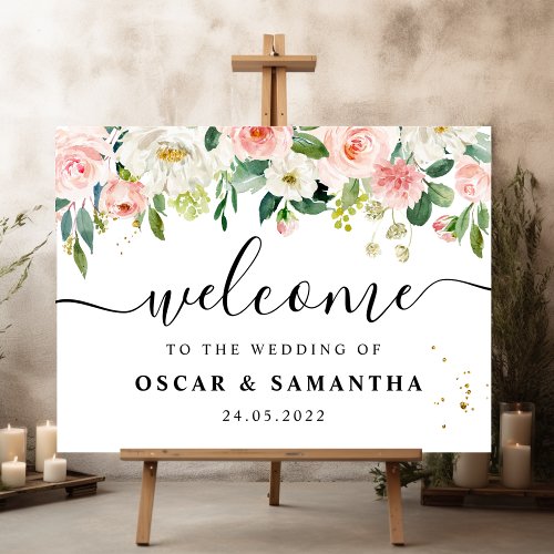 Modern Pink Watercolor Beauty Flowers  Gold Drops Sign