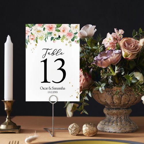Modern Pink Watercolor Beauty Flowers  Gold Drops Table Number