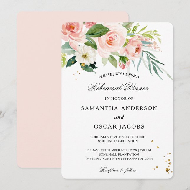 Modern Pink Watercolor Beauty Flowers & Leaves Invitation (Front/Back)