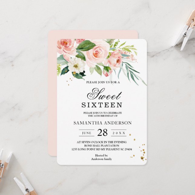 Modern Pink Watercolor Beauty Flowers & Leaves Invitation (Front/Back In Situ)