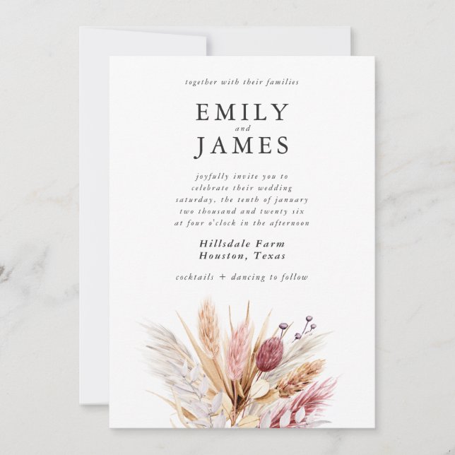 Modern Pink Watercolor Boho Pampas Wedding Invitation (Front)