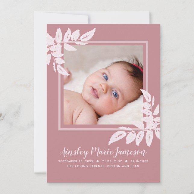 Modern Pink Watercolor Botanical New Baby Birth Announcement (Front)