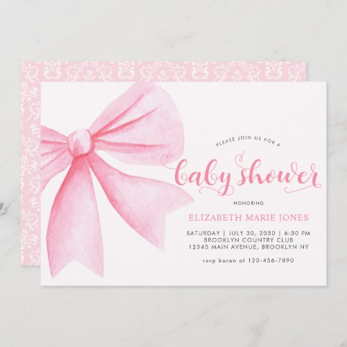 Modern Pink Watercolor Bow Ribbon Girl Baby Shower Invitation