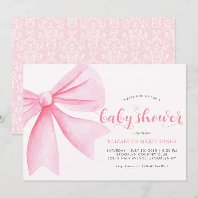 Modern Pink Watercolor Bow Ribbon Girl Baby Shower Invitation | Zazzle