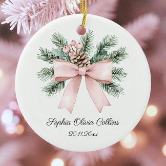 Modern Pink Watercolor Bow Script Baby Girl Name Ceramic Ornament