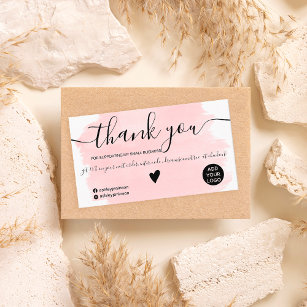 Modern pink watercolor brushstroke order thank you business card
