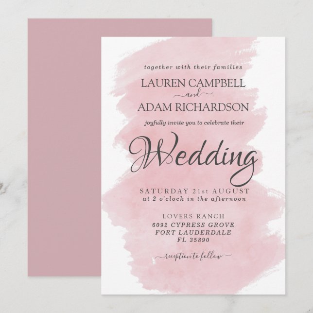 Modern Pink Watercolor Brushstroke Wedding  Invitation (Front/Back)