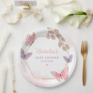 Modern Pink Watercolor Butterfly Girl Baby Shower Paper Plates