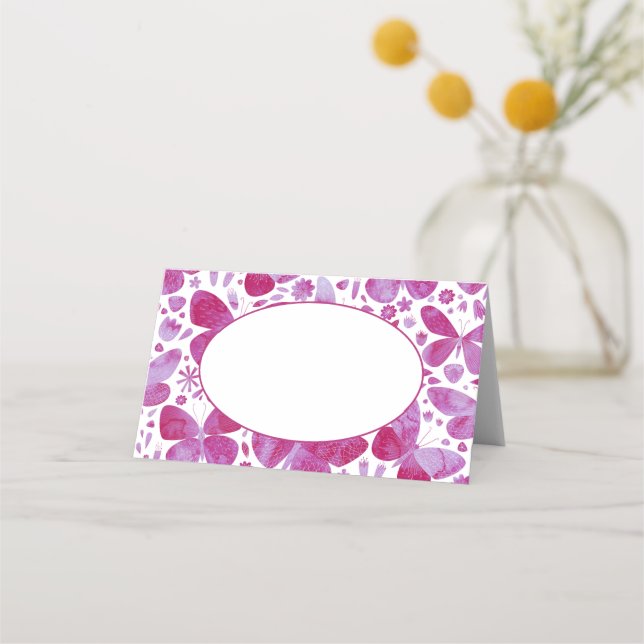 Modern Pink Watercolor Butterfly Place Card (Front)