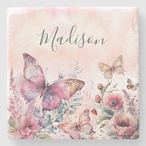 Modern Pink Watercolor Butterfly Wild Flower Stone Coaster