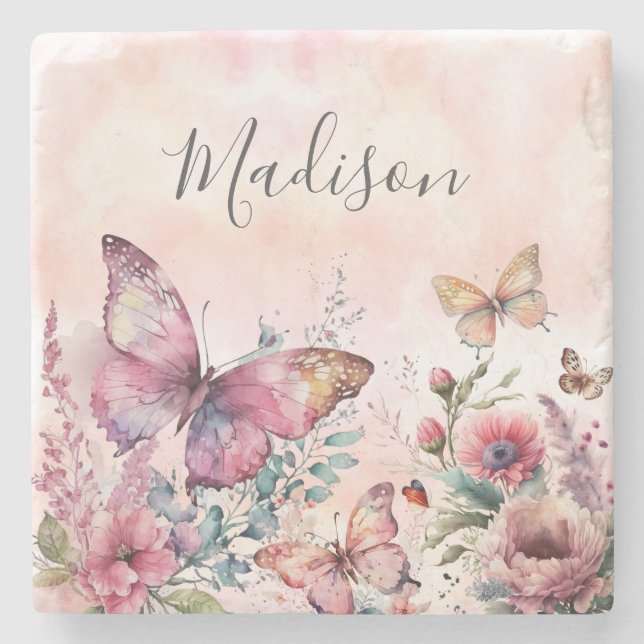 Modern Pink Watercolor Butterfly Wild Flower Stone Coaster (Front)