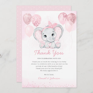 Modern Pink Watercolor Cute Elephant Baby Shower Thank You Card